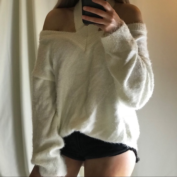 “BLAIR” Fuzzy Off Shoulder Choker Sweater - Picture 2 of 3